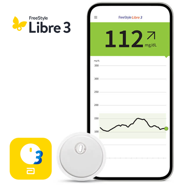 Teléfono móvil con aplicación FreeStyle Libre 3, sensor y logotipo
