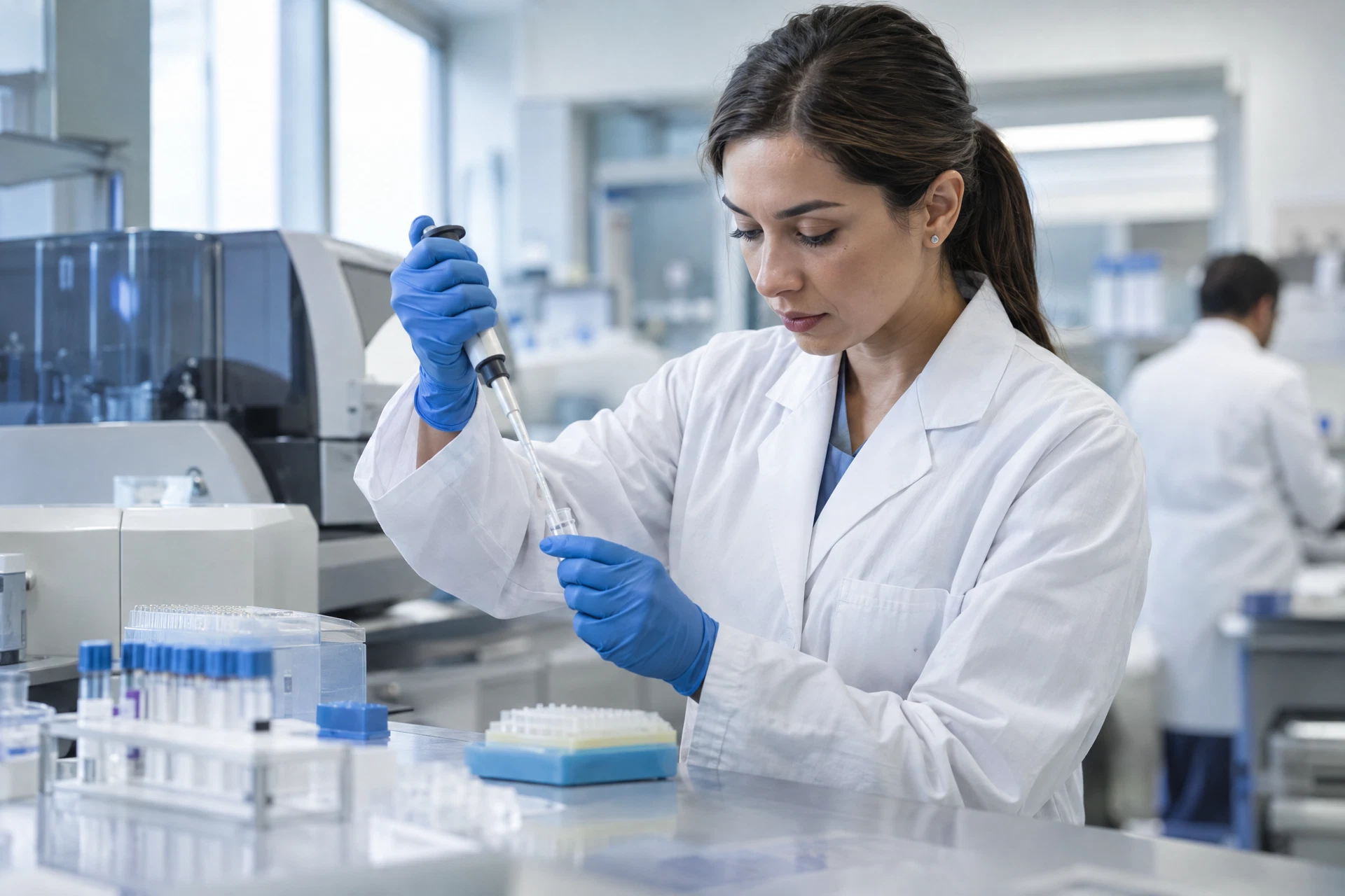 Profesional de laboratorio preparando una muestra para análisis