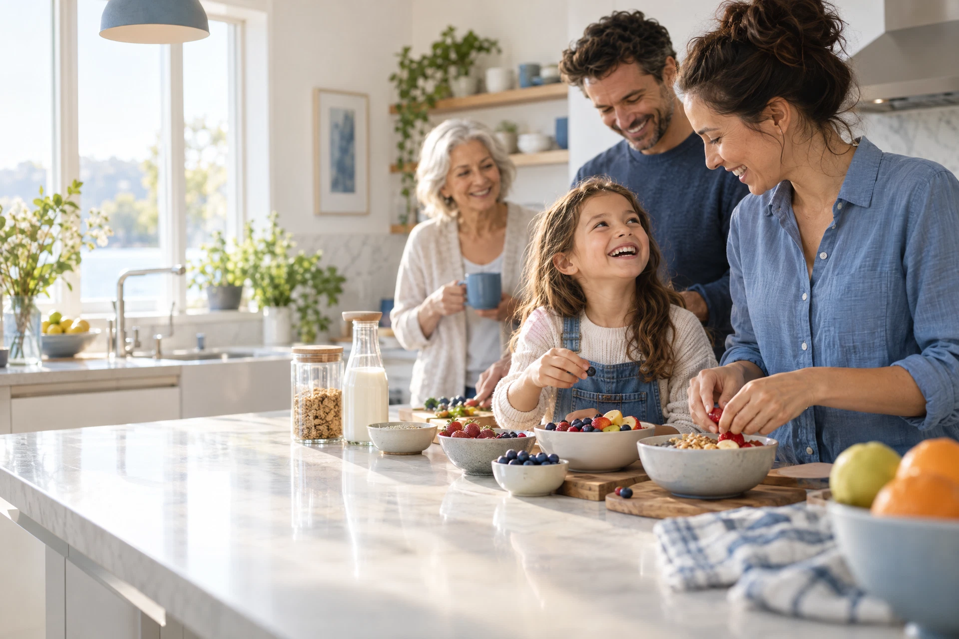Una familia prepara el desayuno en una cocina luminosa